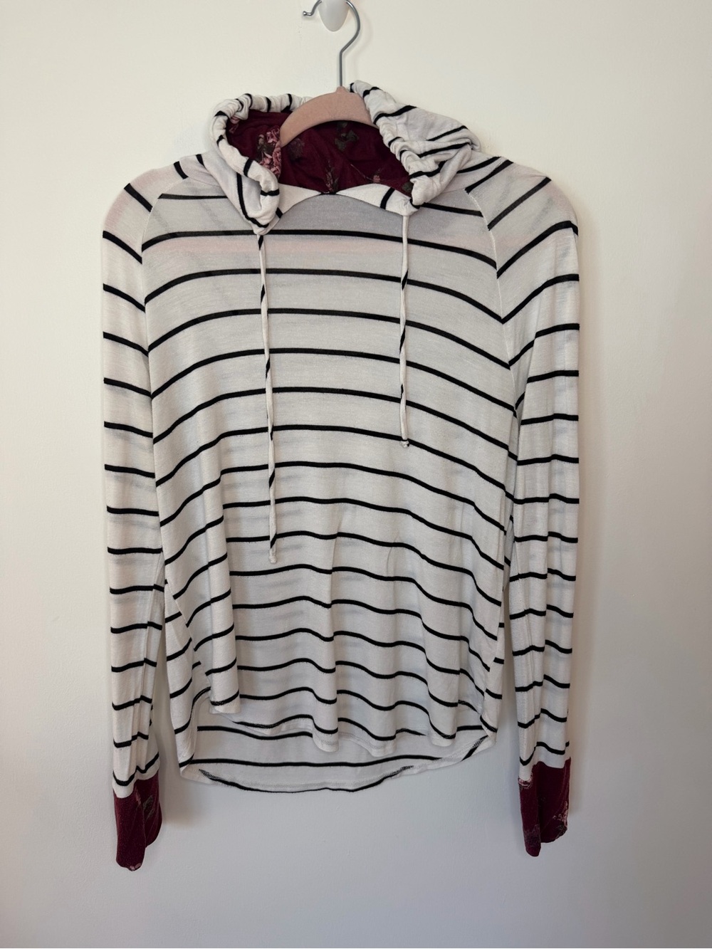 Striped Hooded Pullover with Maroon Hood Lining with flowers size Med light